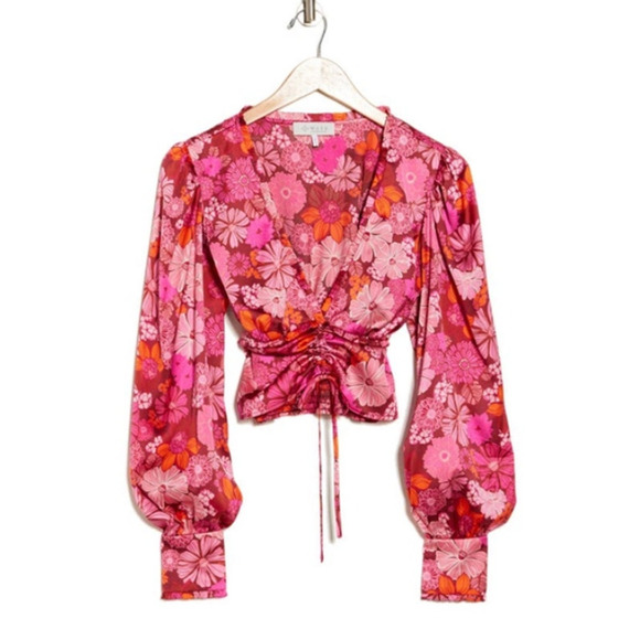 WAYF Loral Print Ruched Plunge Neck Satin Blouse Pink Berry Floral Long Sleeve - Picture 4 of 13